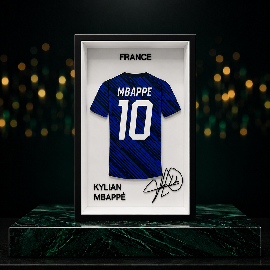 Maillot Miniature Kylian Mbappé France #10 – Cadre Football de Collection